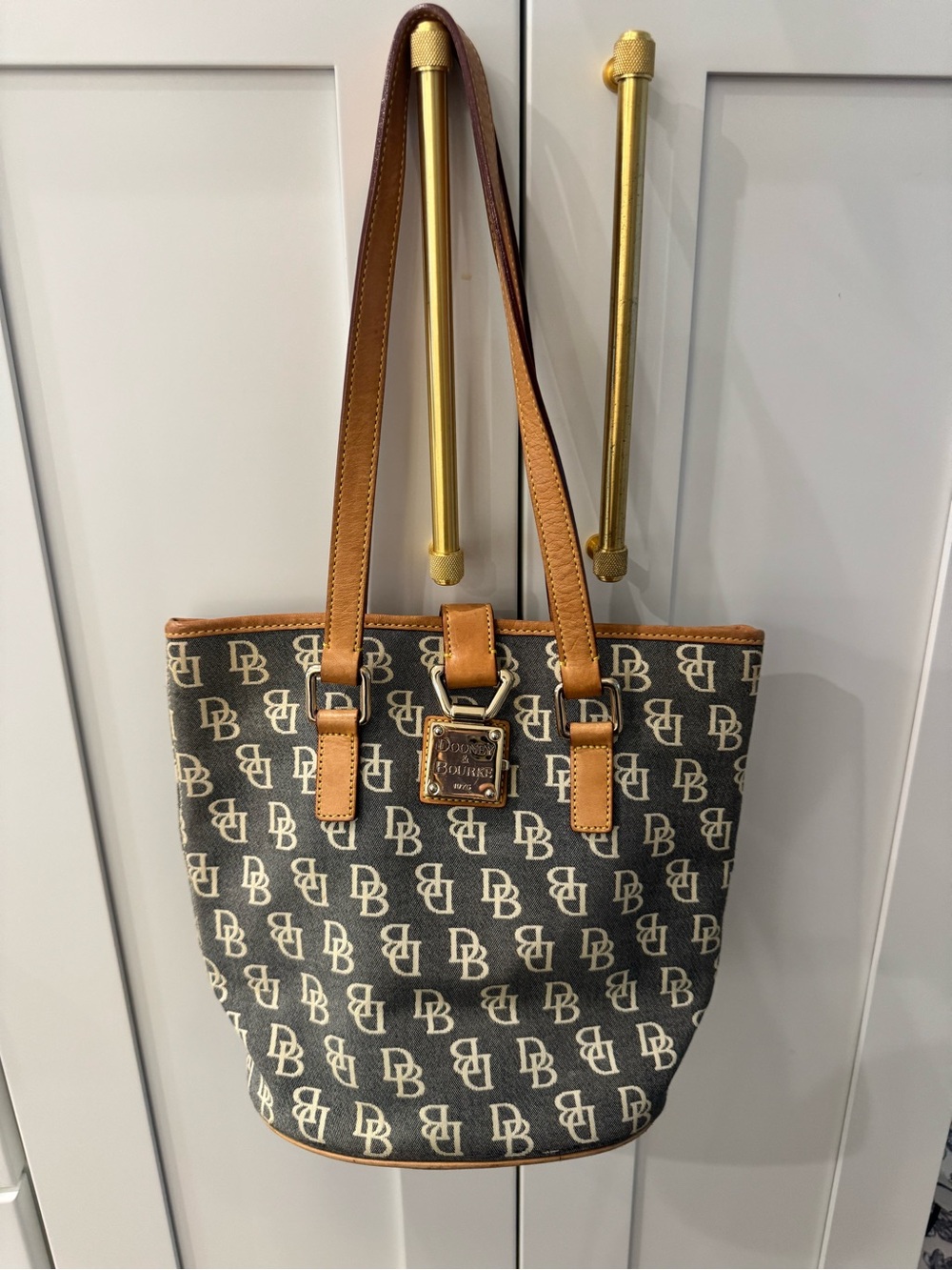 Dooney & Bourke Black and Tan Signature DB Logo Tote